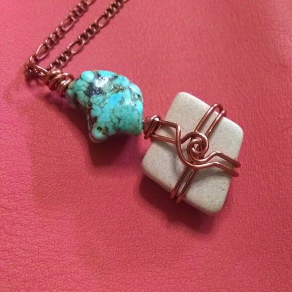 Beachy Boho Vibes! Sage Coast - Ceramic + Turquoise Magnesite + Copper Pendant - Picture 7 of 9